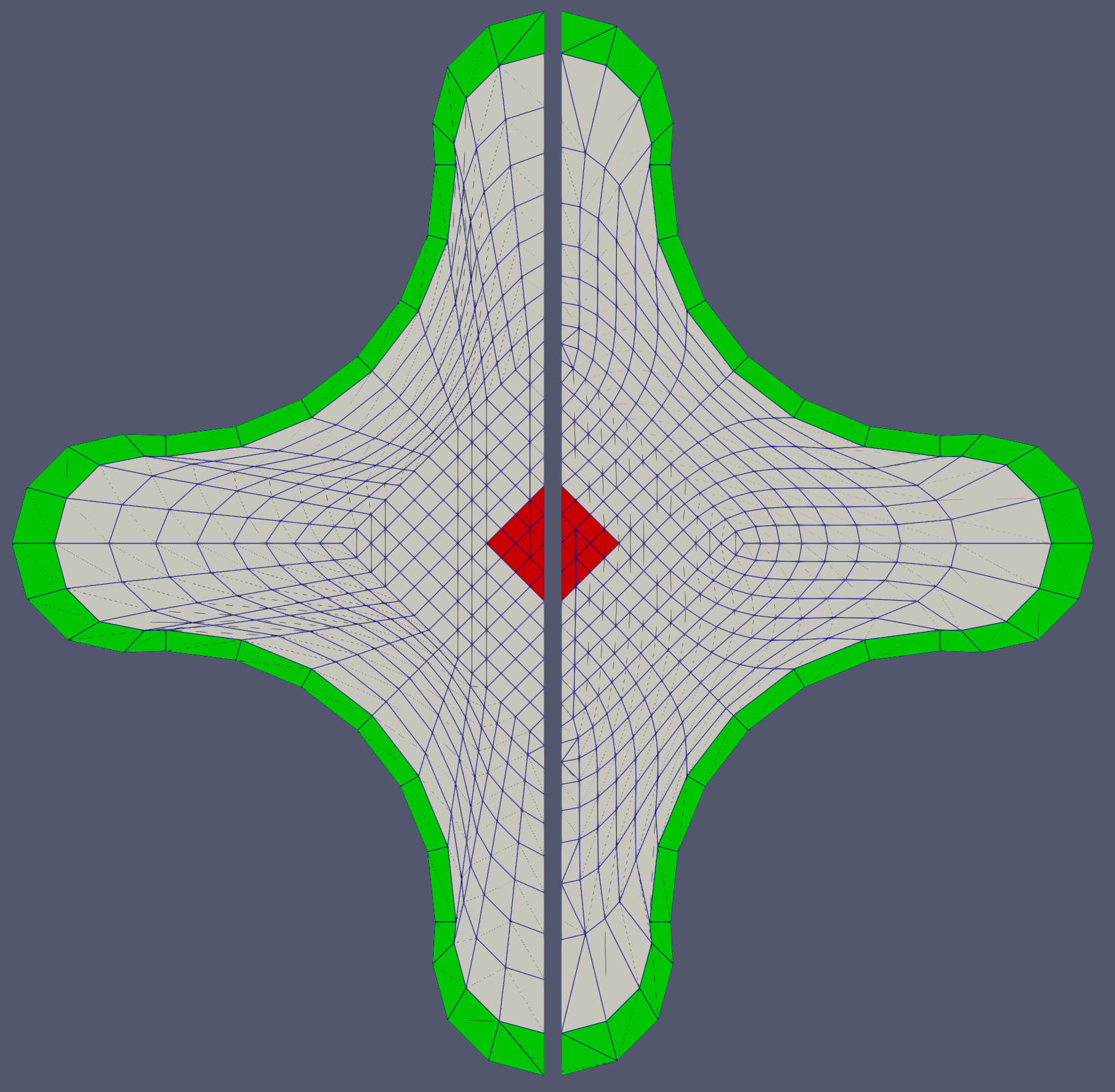 Variational smoother applied to mesh with nonlinear boundary. The original mesh is shown on the left and the smoothed mesh is shown on the right.